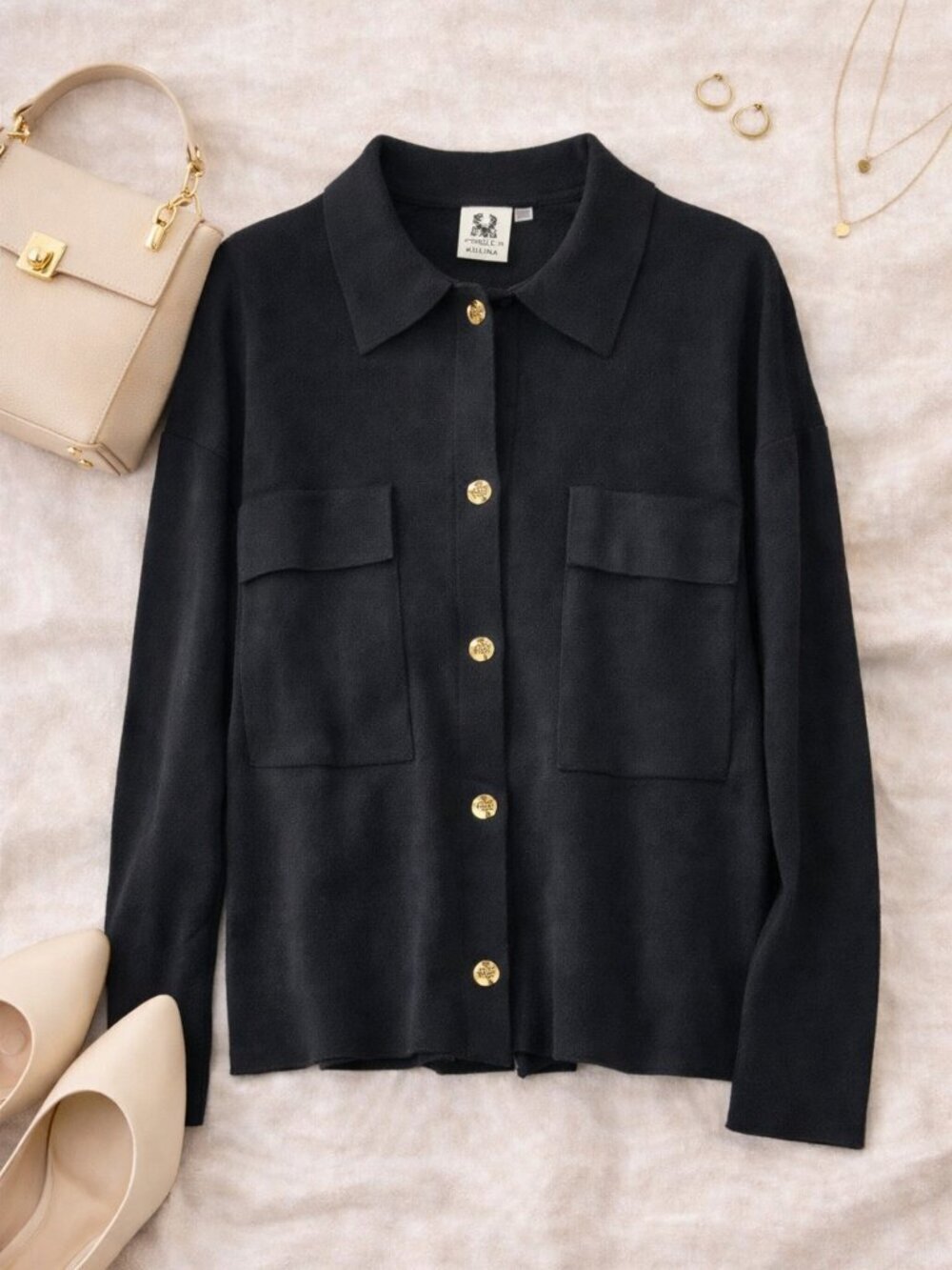 Anne Klein Black Button Front Cardigan Sweater Gold Buttons Size M